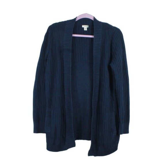 LL Bean Womens Navy Blue Open Front Ribbed Cardigan Sweater Size M Shaker Stitch - Picture 1 of 9